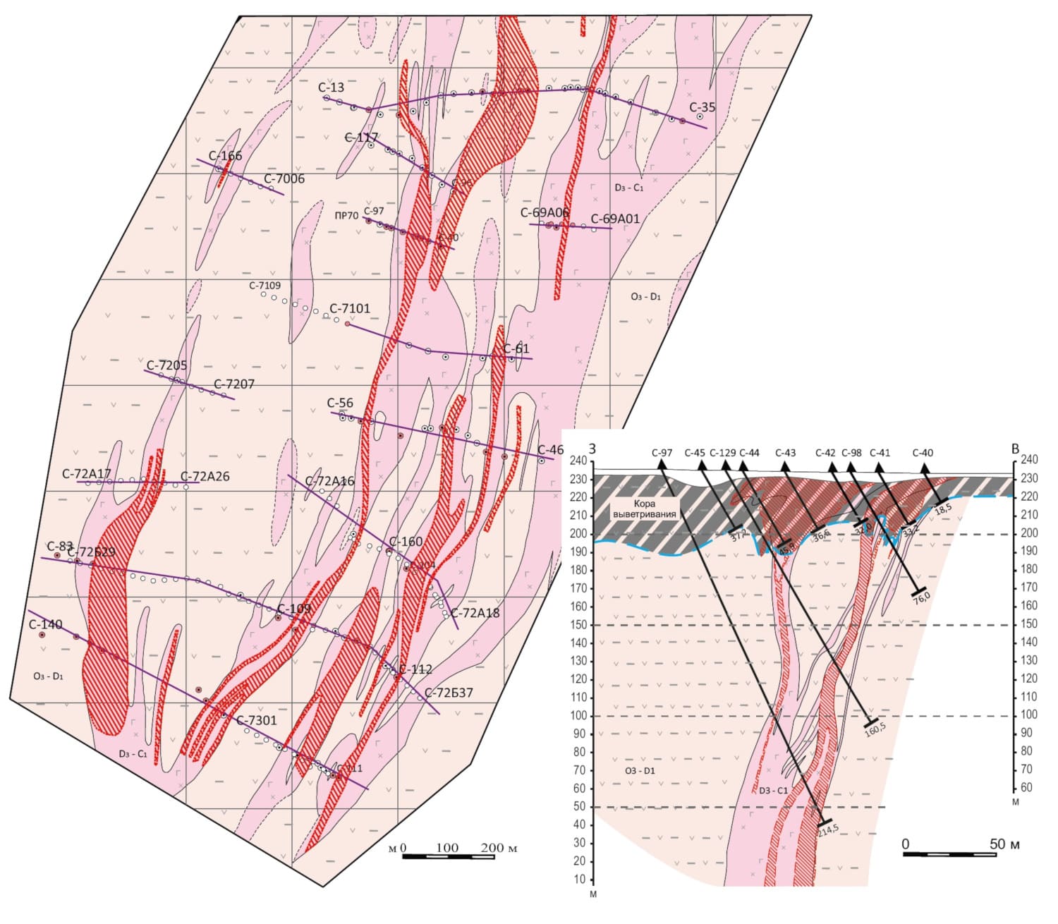 VILYUI AREA MAP FRAGMENT SHOWING MINERALIZED ZONES AND GEOLOGICAL SECTION ALONG PROFILE 70 LINE